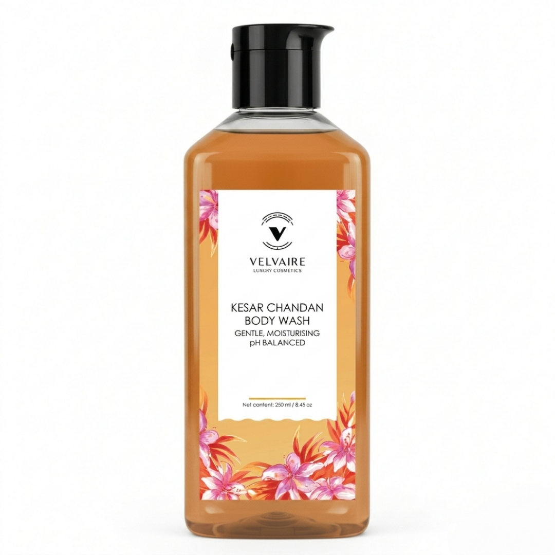 Velvaire Kesar Chandan Body Wash 250ml: best gentle pH balanced moisturizing shower gel for glowing skin.