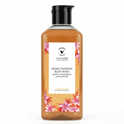 Velvaire Kesar Chandan Body Wash 250ml: best gentle pH balanced moisturizing shower gel for glowing skin.