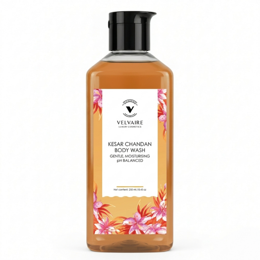 Velvaire Kesar Chandan Body Wash 250ml: best gentle pH balanced moisturizing shower gel for glowing skin.