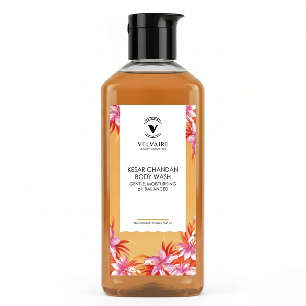 Velvaire Kesar Chandan Body Wash 250ml: best gentle pH balanced moisturizing shower gel for glowing skin.