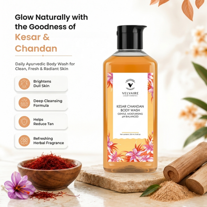 Ayurvedic Kesar Chandan body wash with saffron and sandalwood to brighten dull skin and reduce tan.