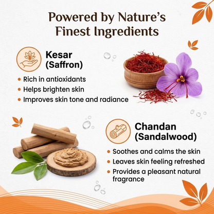 Natural saffron and sandalwood body wash ingredients rich in antioxidants to improve radiance and soothe skin.