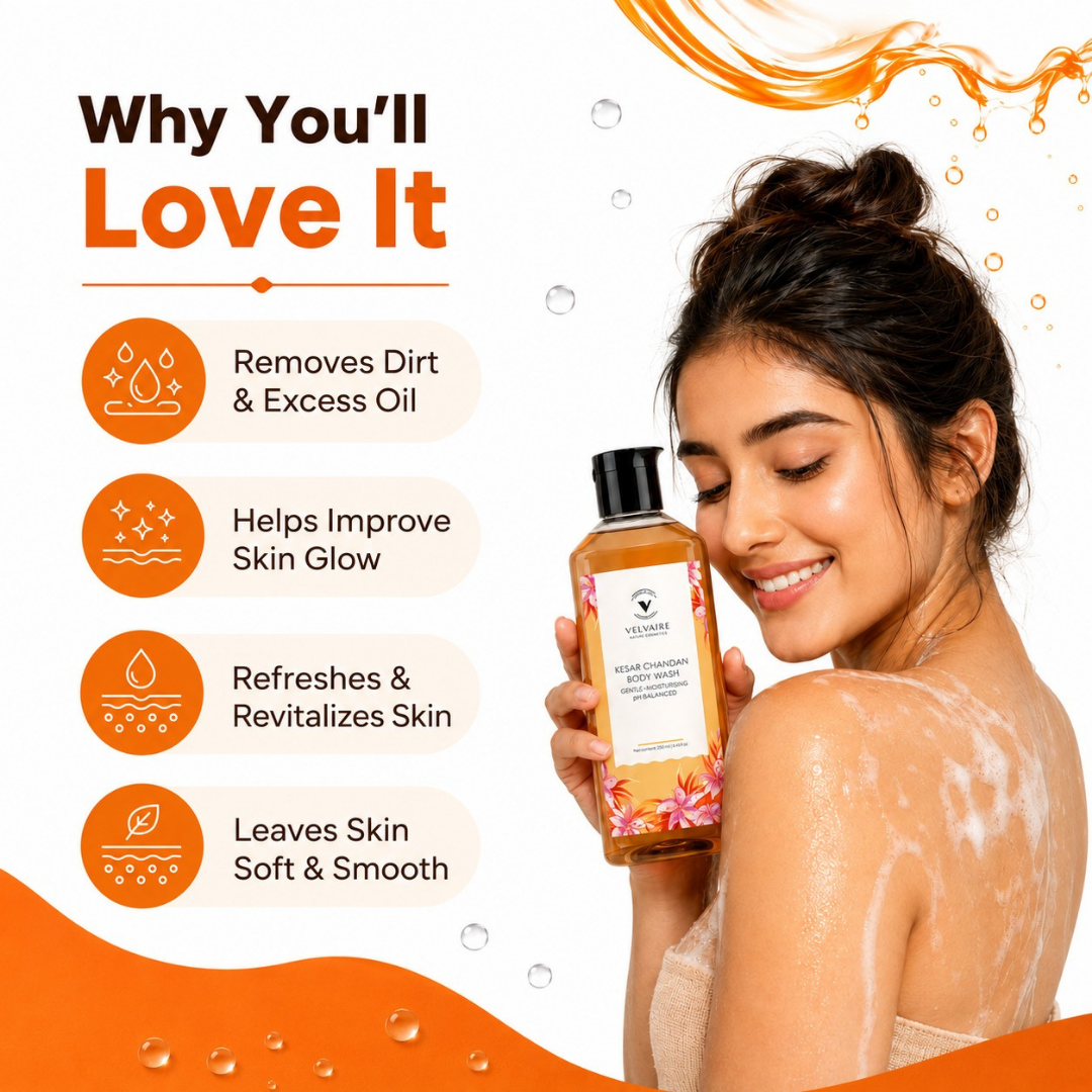 Woman using hydrating Kesar Chandan body wash that removes excess oil and leaves skin soft and smooth.
