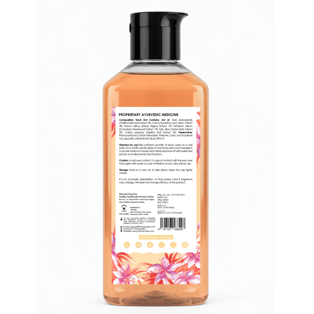 Velvaire Ayurvedic Kesar Chandan Body Wash back label showing natural ingredients, directions, and product details.