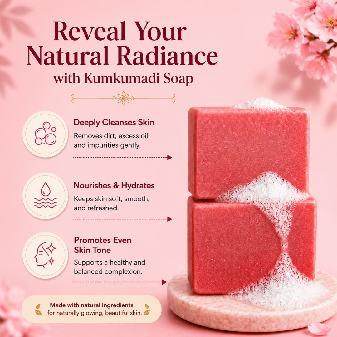 Velvaire Kumkumadi Soap bar in lather highlighting key benefits: deeply cleanses dirt, hydrates skin, and promotes an even skin tone.