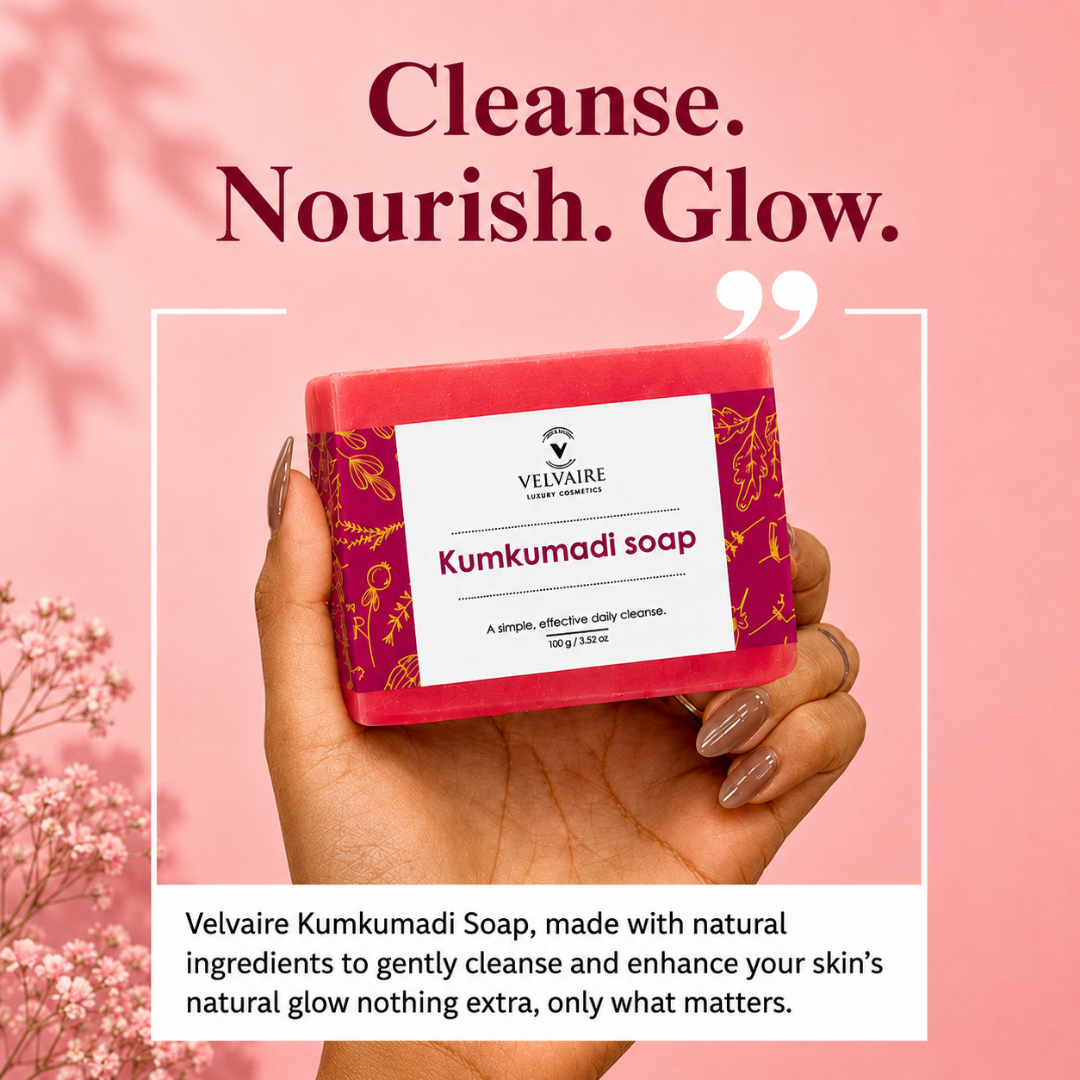 Hand holding Velvaire Kumkumadi Soap made with natural Ayurvedic ingredients to gently cleanse, nourish, and enhance skin radiance.