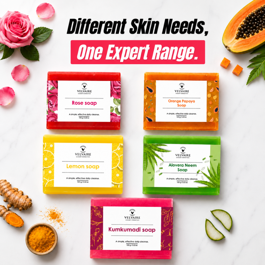 Velvaire natural soap collection featuring Kumkumadi, Rose, Orange Papaya, Lemon, and Aloevera Neem soaps for all skin care needs.