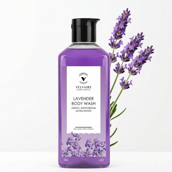 Velvaire Lavender Body Wash 250ml: best gentle pH balanced moisturizing shower gel for soft skin.