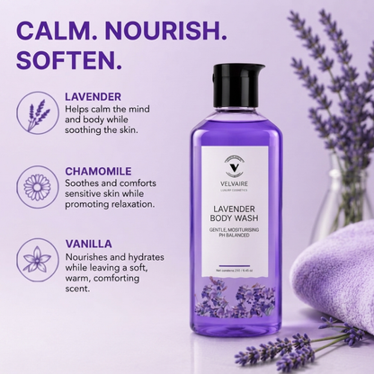 Soothing lavender body wash with Chamomile and Vanilla to calm mind, nourish dry skin, and soften.