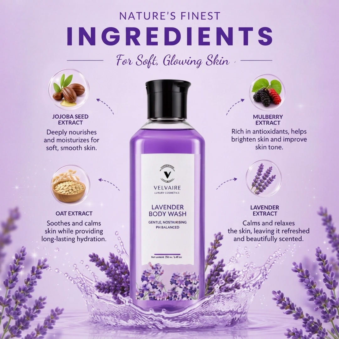 Best natural lavender shower gel with Jojoba, Oat, Mulberry, and Lavender extracts for soft glowing skin.
