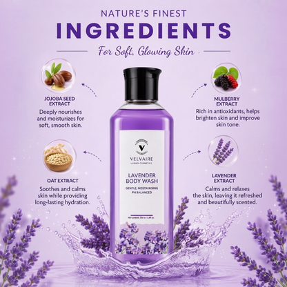 Best natural lavender shower gel with Jojoba, Oat, Mulberry, and Lavender extracts for soft glowing skin.