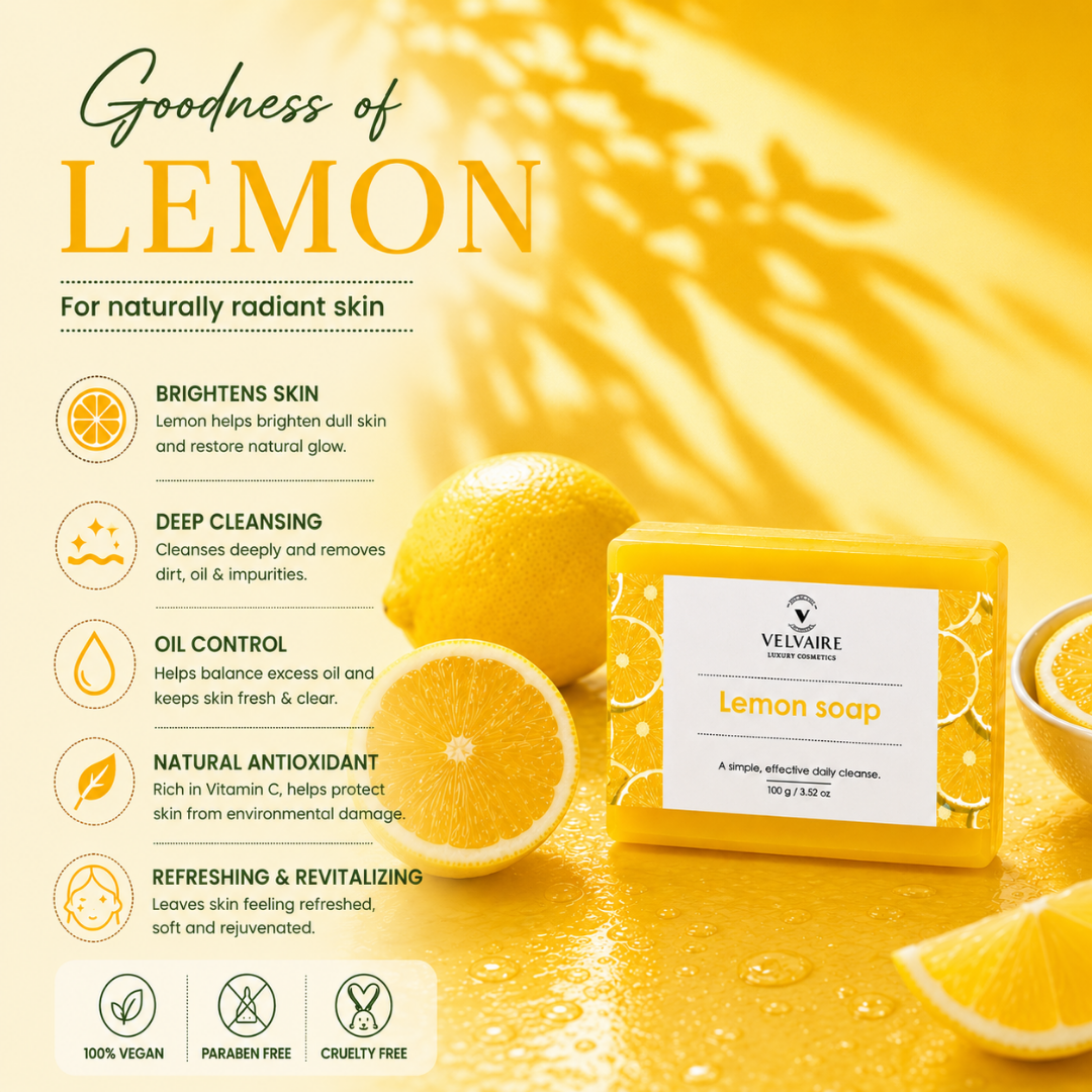 Velvaire Lemon Soap bar with natural citrus extract benefits: brightens skin, controls excess oil, deeply cleanses impurities, and offers rich antioxidants.