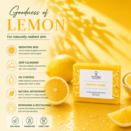 Velvaire Lemon Soap bar with natural citrus extract benefits: brightens skin, controls excess oil, deeply cleanses impurities, and offers rich antioxidants.