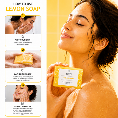 Three-step guide on how to use Velvaire Lemon Soap for a rich cleansing lather on face and body for refreshed, glowing skin.