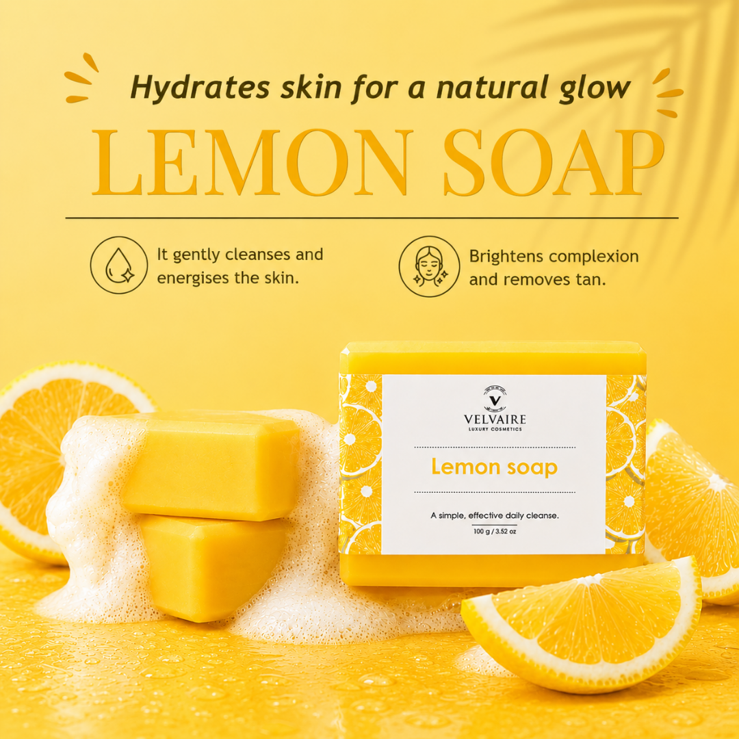 Velvaire Natural Lemon Soap bar with fresh lemon slices highlighting benefits: gently cleanses, energizes skin, brightens complexion, and removes sun tan.