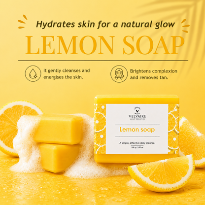 Velvaire Natural Lemon Soap bar with fresh lemon slices highlighting benefits: gently cleanses, energizes skin, brightens complexion, and removes sun tan.