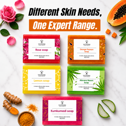 Velvaire natural soap bar collection including Lemon, Rose, Orange Papaya, Aloevera Neem, and Kumkumadi soaps for all skin care needs.