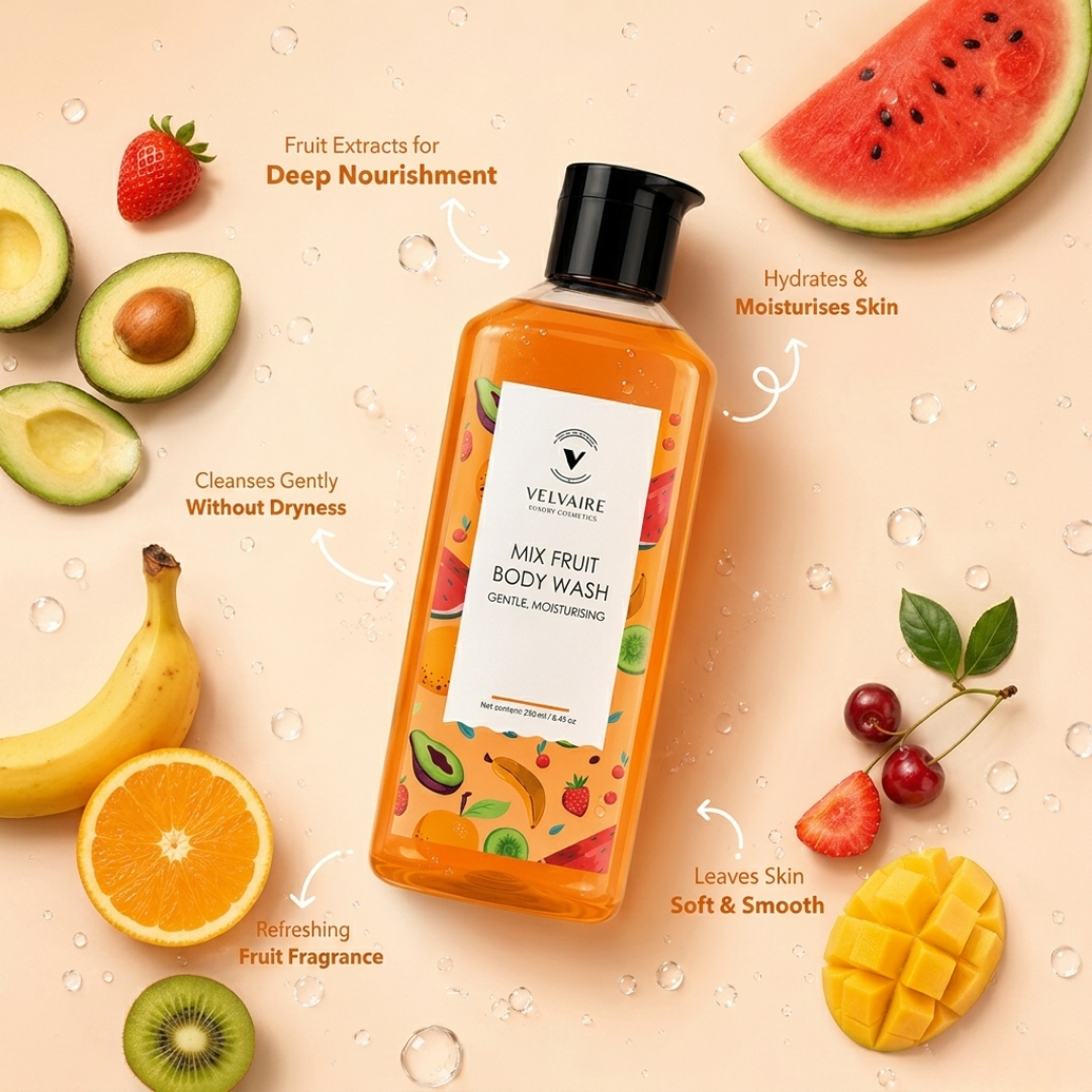 Refreshing mix fruit extracts body wash with avocado, strawberry, kiwi, and orange for deep nourishment.