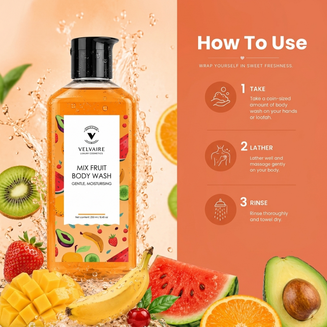 How to use hydrating fruit body wash: lather coin-sized amount with loofah on wet skin and rinse.