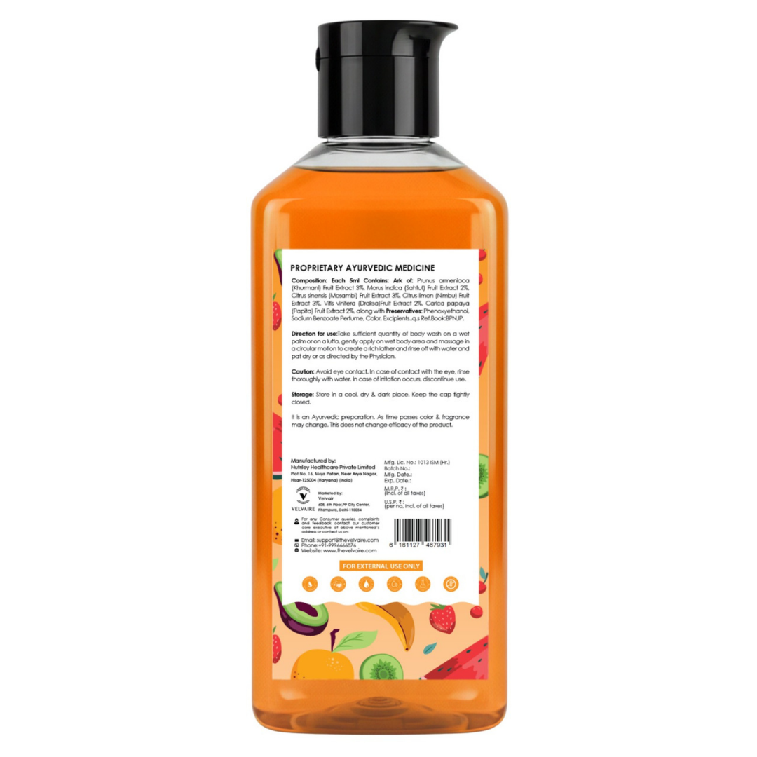 Velvaire Ayurvedic Mix Fruit Body Wash label showing natural fruit extracts, directions, and product details.