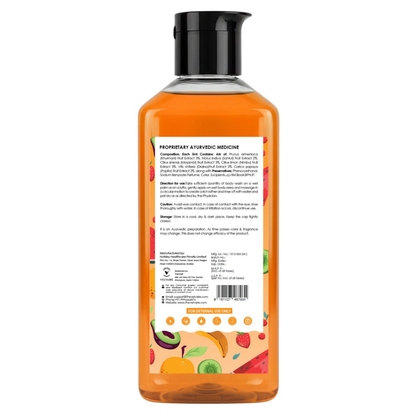 Velvaire Ayurvedic Mix Fruit Body Wash label showing natural fruit extracts, directions, and product details.