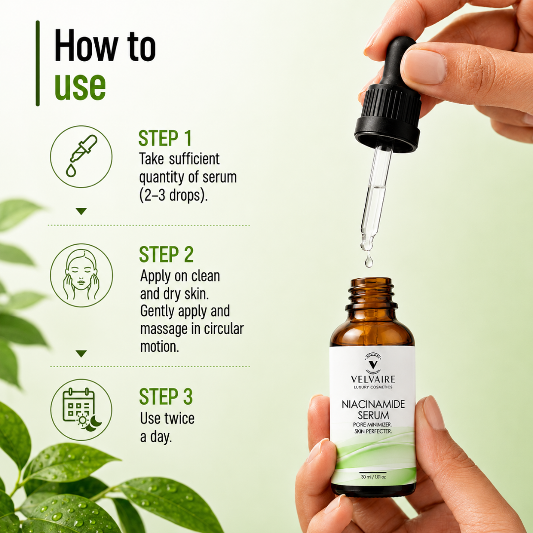 3 step routine showing how to apply Velvaire Niacinamide Serum twice daily on clean skin for best pore refining results.