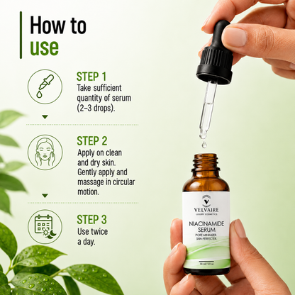 3 step routine showing how to apply Velvaire Niacinamide Serum twice daily on clean skin for best pore refining results.