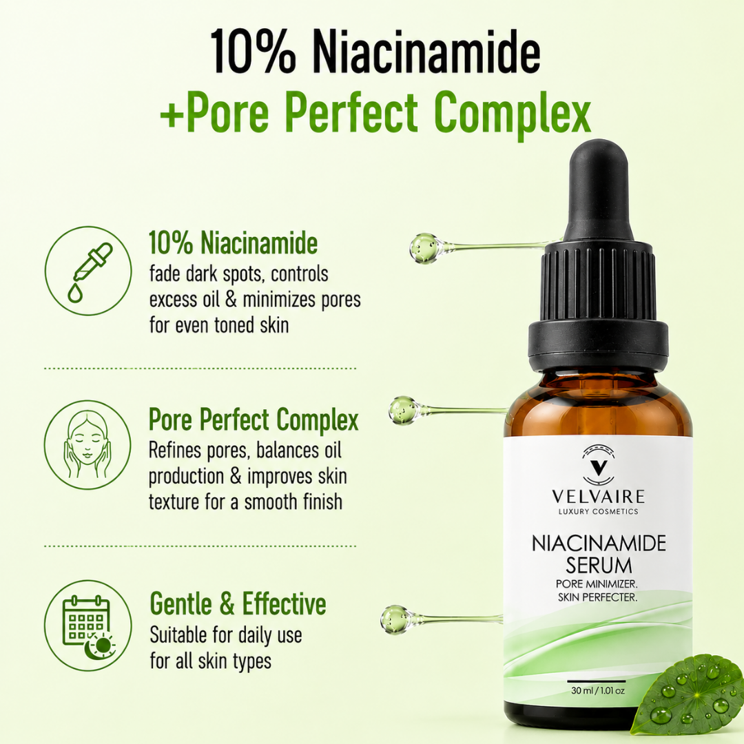 Velvaire 10% Niacinamide Pore Perfect Complex Serum to fade dark spots, minimize open pores, and improve skin texture.