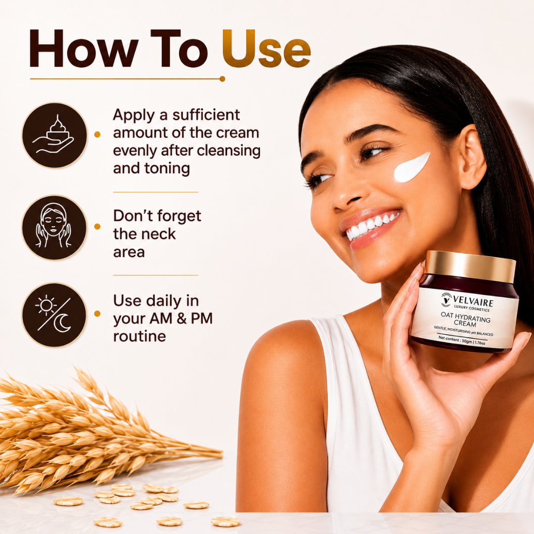 Woman applying gentle oat hydrating face moisturizer for daily AM and PM skin barrier repair and nourishment.