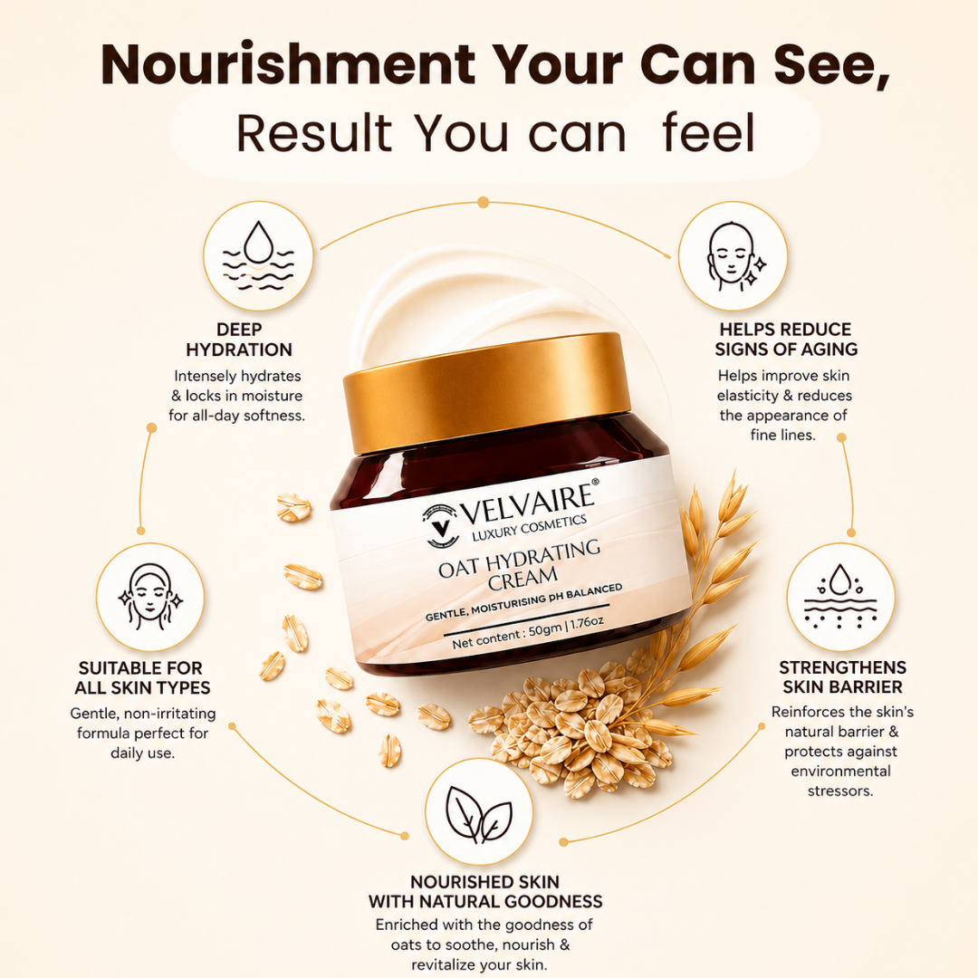 Velvaire Oat Hydrating Cream benefits: reduces fine lines, strengthens natural skin barrier, and provides deep hydration.