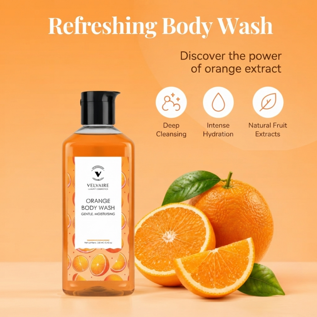 Refreshing Vitamin C orange body wash with natural fruit extracts for deep cleansing and intense skin hydration.