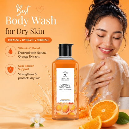 Velvaire Vitamin C orange shower gel to cleanse, hydrate, and protect skin barrier.