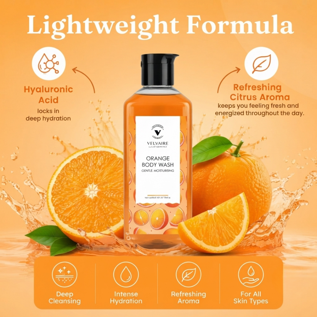 Hydrating Hyaluronic Acid body wash formula with orange extract for lightweight moisture and citrus aroma.