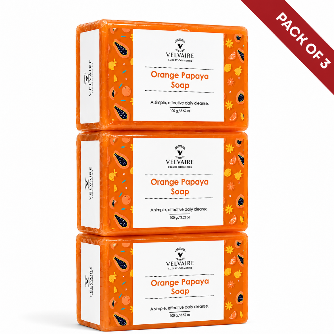 Velvaire Orange Papaya Soap Pack of 3: best gentle exfoliating bath soap bar for tan removal, skin brightening, and natural glow.