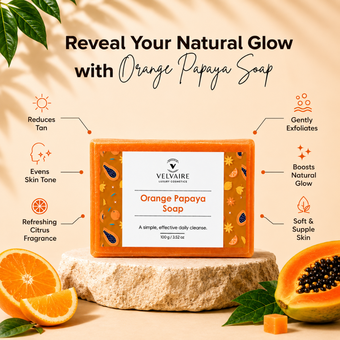 Velvaire Orange Papaya Soap bar displaying top benefits: reduces tan, gently exfoliates, boosts natural glow, and evens skin tone.