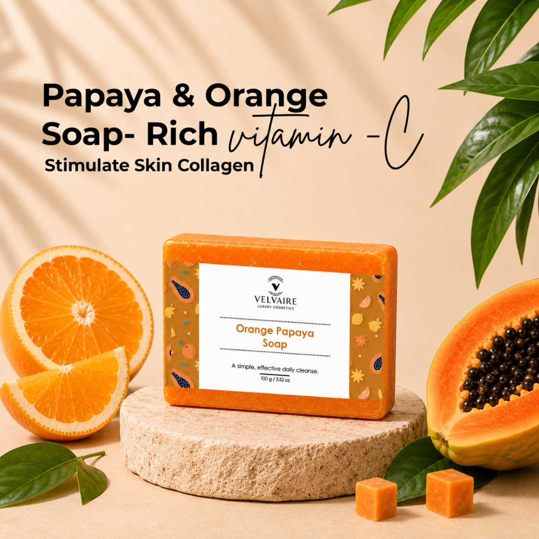 Velvaire Orange Papaya Soap rich in Vitamin C with fresh oranges and papaya fruit to stimulate skin collagen and brighten complexion.