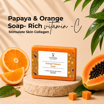 Velvaire Orange Papaya Soap rich in Vitamin C with fresh oranges and papaya fruit to stimulate skin collagen and brighten complexion.