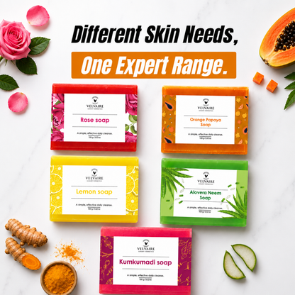 Velvaire natural bath soap collection featuring Orange Papaya, Rose, Lemon, Aloevera Neem, and Kumkumadi soaps for all skin care needs.