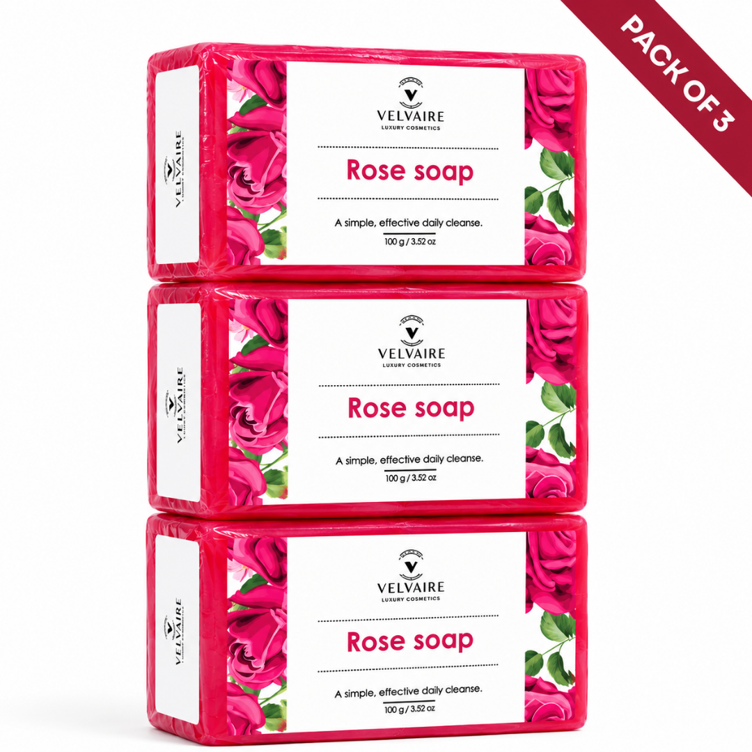Velvaire Natural Rose Soap Pack of 3: best gentle cleansing bath soap bar for glowing, moisturized skin on face and body.