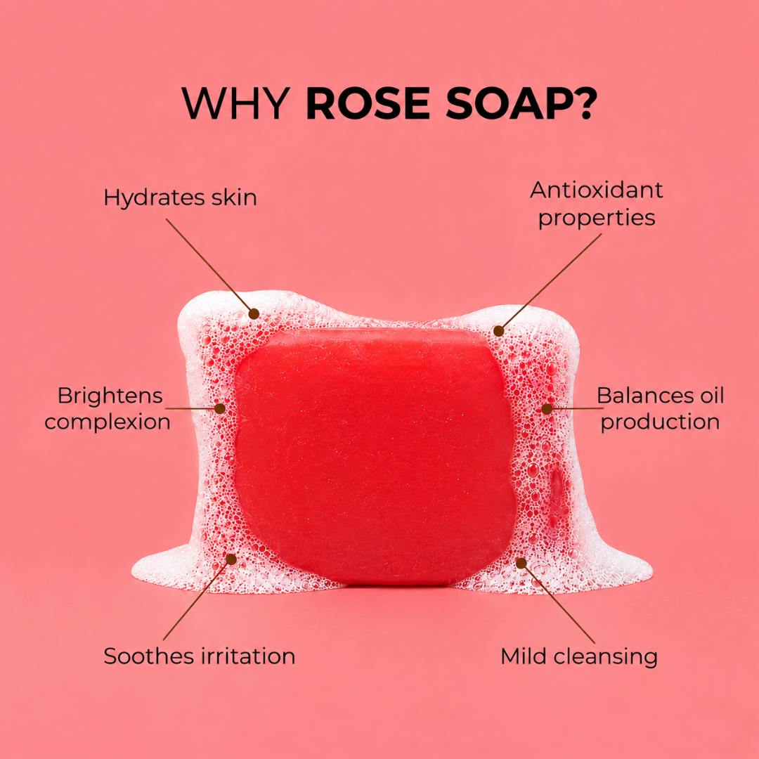 Velvaire Rose Soap in rich lather highlighting top benefits: hydrates skin, brightens complexion, soothes irritation, and balances oil.
