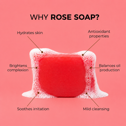 Velvaire Rose Soap in rich lather highlighting top benefits: hydrates skin, brightens complexion, soothes irritation, and balances oil.