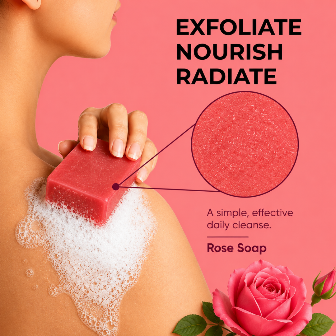 Woman applying lathered Velvaire Natural Rose Soap bar for gentle skin exfoliation, deep nourishment, and daily radiant glow.