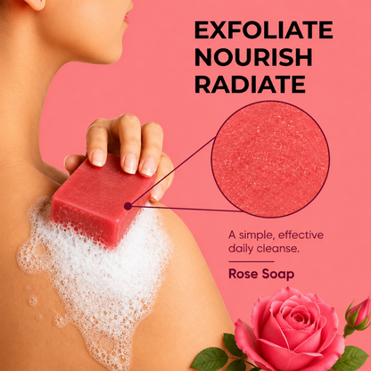 Woman applying lathered Velvaire Natural Rose Soap bar for gentle skin exfoliation, deep nourishment, and daily radiant glow.