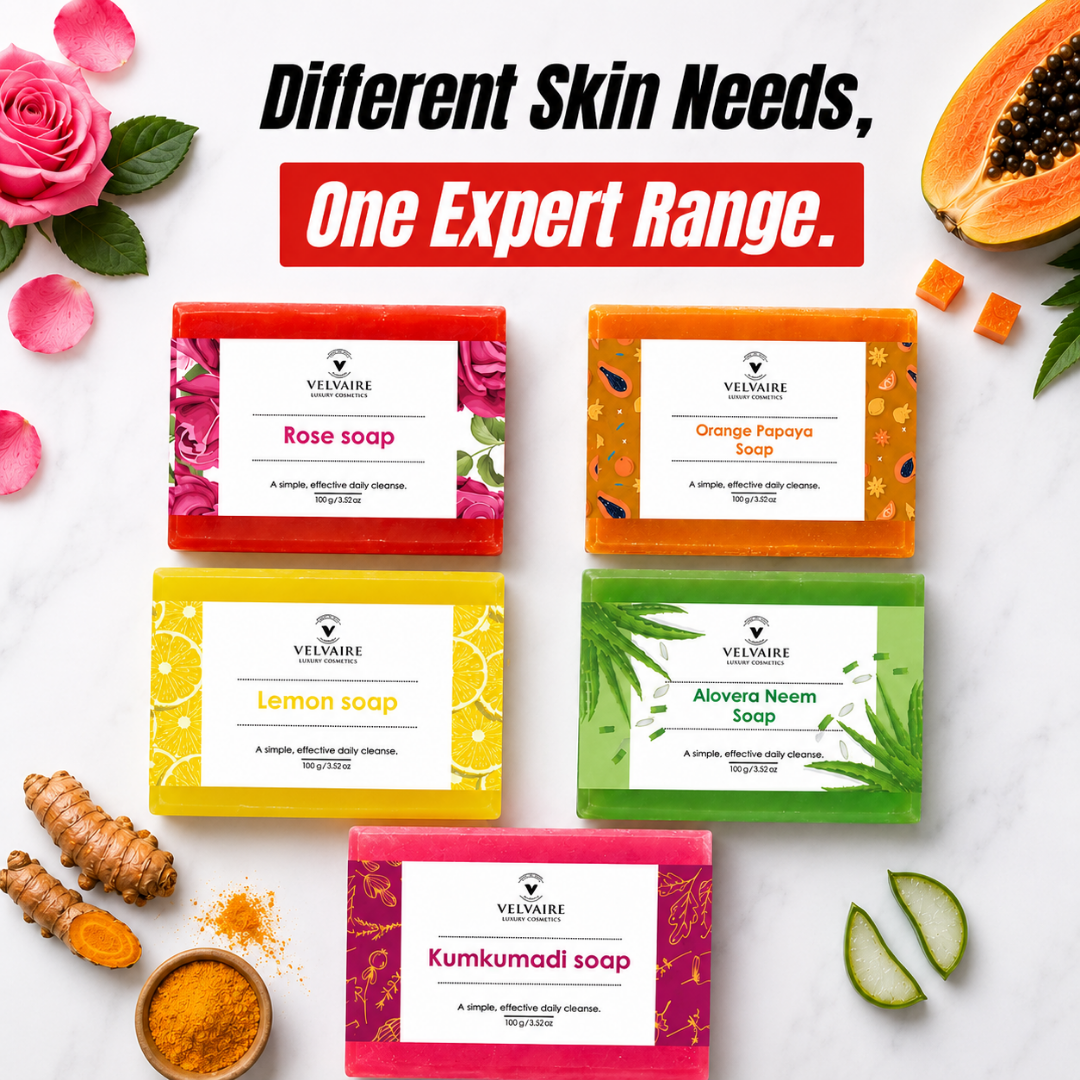 Velvaire natural soap bar collection including Rose, Orange Papaya, Lemon, Aloevera Neem, and Kumkumadi soaps for all skin needs.