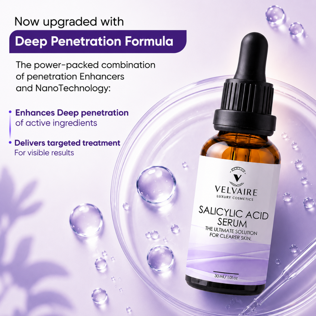 Velvaire Salicylic Acid Serum in amber glass dropper bottle featuring deep penetration formula for targeted acne treatment.