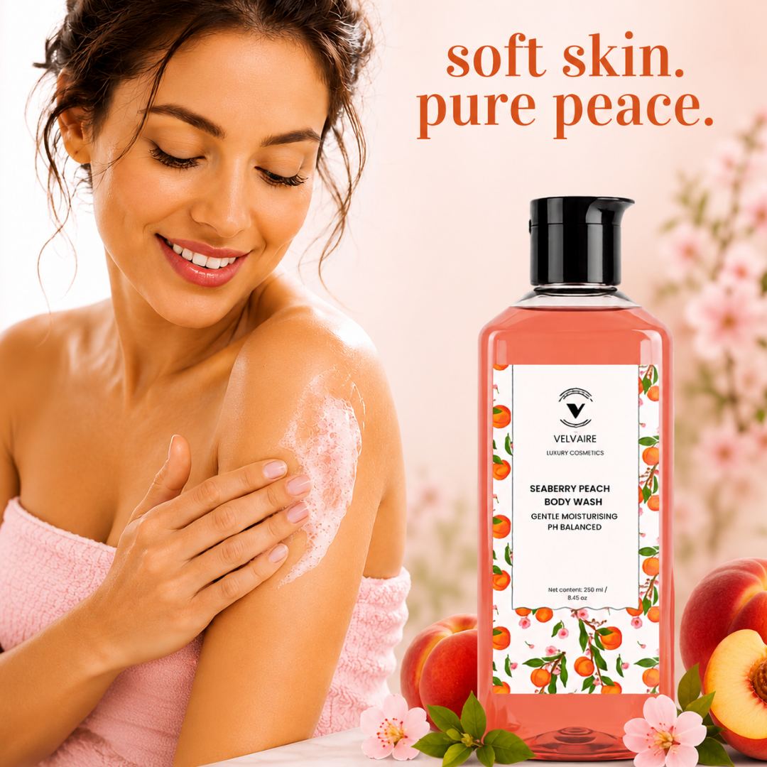 Woman applying gentle Seaberry Peach lather for soft skin and refreshing daily shower care.