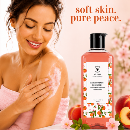 Woman applying gentle Seaberry Peach lather for soft skin and refreshing daily shower care.