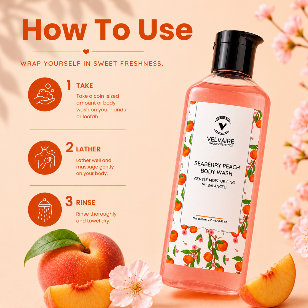 How to use Seaberry Peach body wash: apply coin-sized amount on loofah, lather, and rinse.