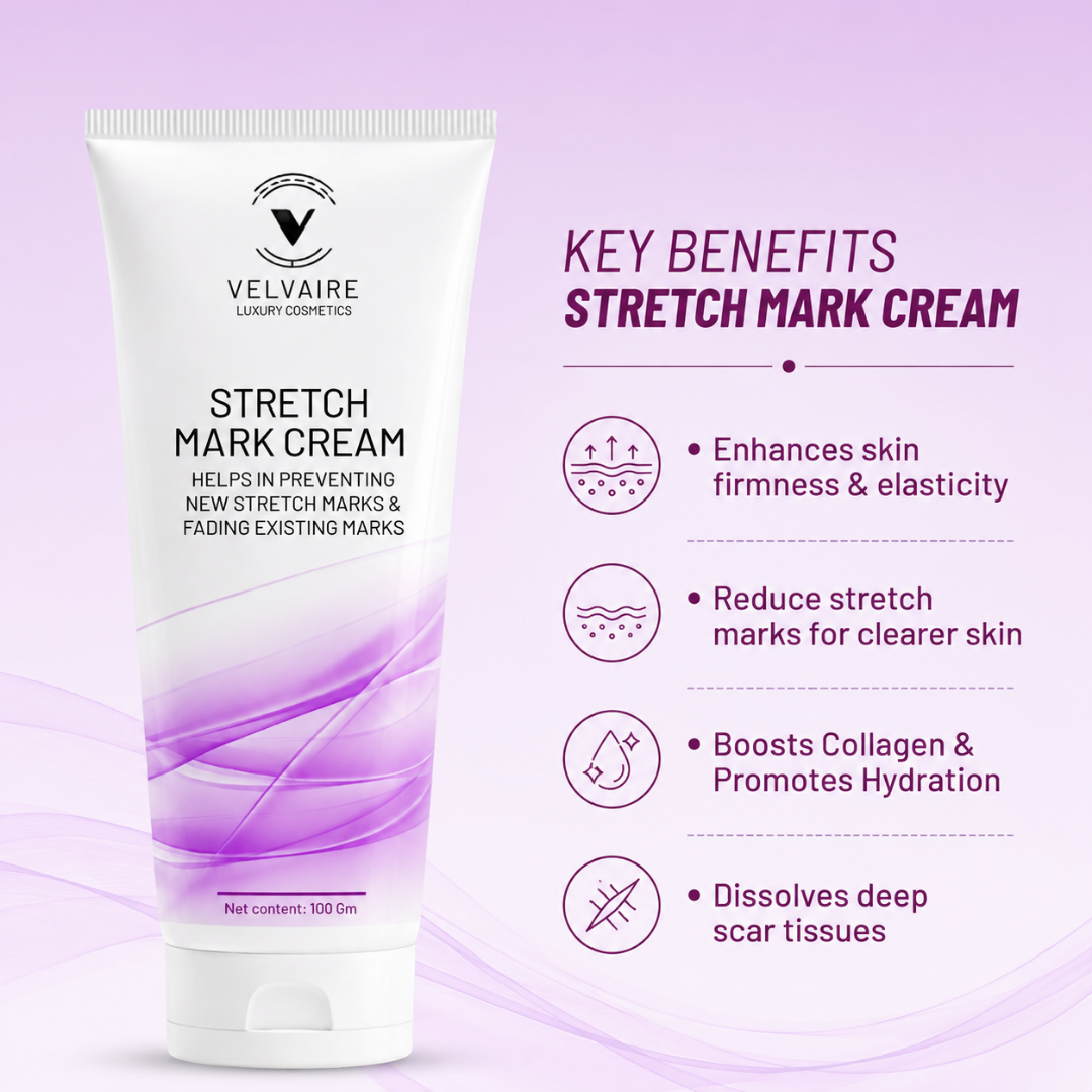 Velvaire Stretch Mark Cream key benefits: boosts collagen, enhances skin elasticity, hydrates, and fades deep scars.