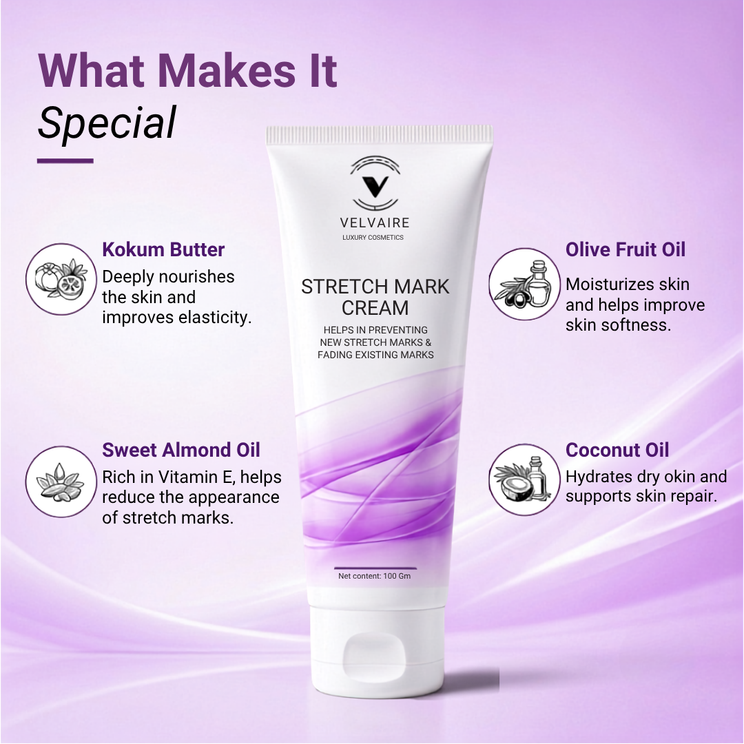 Nourishing stretch mark removal cream made with Kokum Butter, Sweet Almond Oil, Olive Oil, and Coconut Oil.